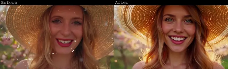 图片展示了同一女性戴草帽在户外场景的“Before”（处理前）与“After”（处理后）对比效果，右侧经AI处理后图像细节更清晰、色彩更鲜艳，体现图像编辑工具（如ComfyUI的Wan FusionX或VACE功能）对图像质量的优化提升。