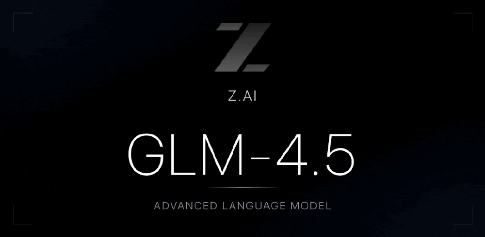 黑色背景上展示白色文字“GLM-4.5”及“Z.AI”标志，下方标注“ADVANCED LANGUAGE MODEL”，为智谱AI大模型GLM-4.5的产品展示图。