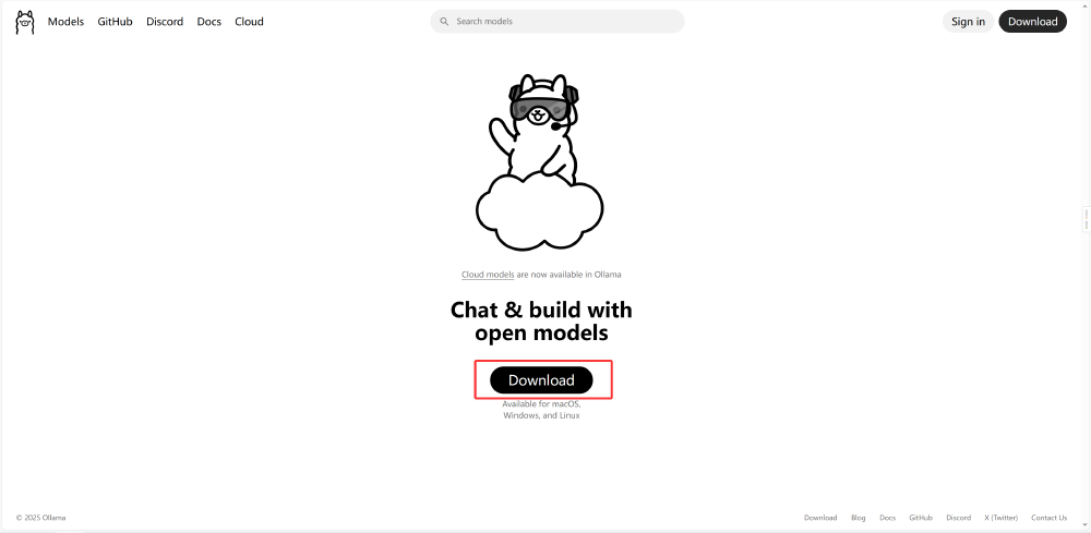 Ollama官网界面截图，展示了支持多系统的模型下载入口，中央有“Chat & build with open models”标语及醒目的“Download”按钮，标注支持macOS、Windows、Linux系统。