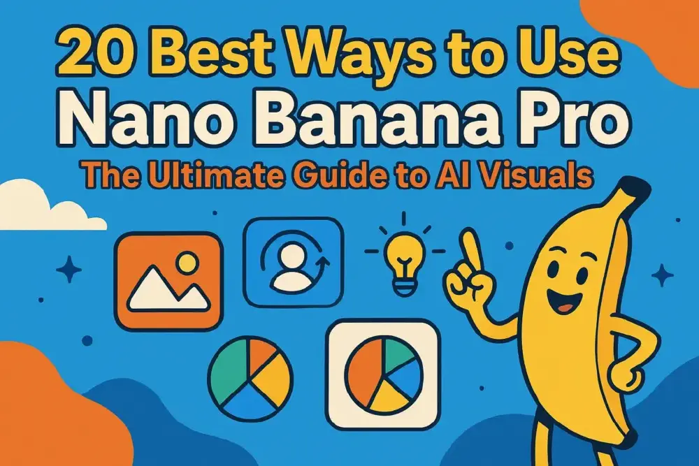 一张宣传“Nano Banana Pro”的指南封面图，标题为“20 Best Ways to Use Nano Banana Pro”，副标题为“The Ultimate Guide to AI Visuals”，搭配卡通香蕉形象及AI功能图标，突出其在AI可视化领域的应用。
