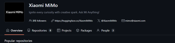 Hugging Face平台上Xiaomi MiMo的开源项目主页截图，展示模型简介、关注信息及仓库等开源项目相关内容。