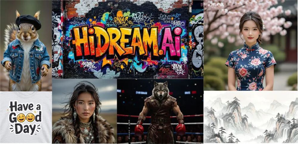 拼接图展示HiDream-I1 AI模型生成的多种图像风格