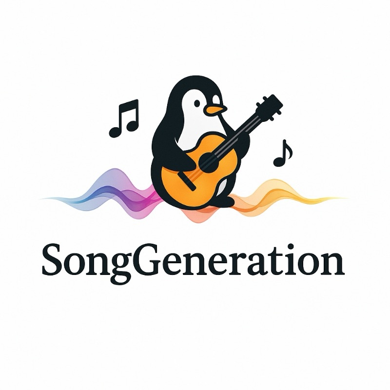 图片展示了SongGeneration项目的logo，卡通企鹅弹奏吉他，搭配音乐符号与彩色波浪线，下方标注项目名称，体现AI音乐生成主题。