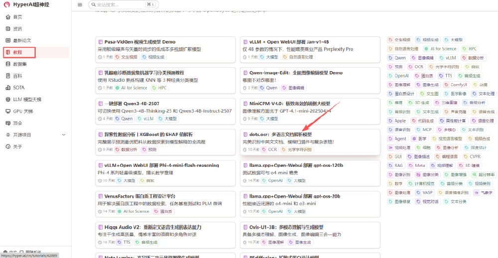 HyperAI超神经网站教程页面截图，展示了名为dots.ocr的多语言文档解析模型教程卡片，该模型支持多语言文档识别、表格解析和OCR处理。