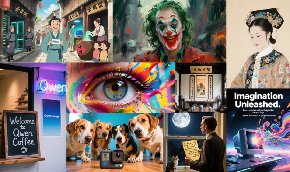 图片展示了Qwen-Image-Edit模型生成的多种创意图像效果，包含动漫场景、艺术肖像、风格迁移及中文场景编辑等，体现模型的图像编辑与多模态能力。