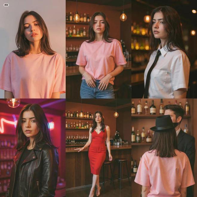 该图片由六张拼接图组成，展示了同一女性在不同服装（粉色T恤、白衬衫、黑色皮夹克、红色连衣裙）和背景环境（室内酒吧、霓虹灯光场景）下的多种形象，体现FLUX Kontext模型通过提示词实现的人物服装、背景及风格的精准修改功能。