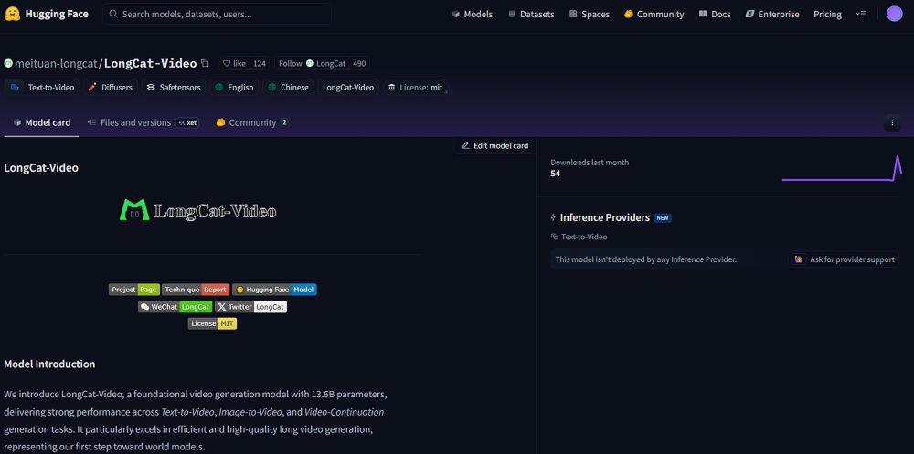 Hugging Face平台上展示的美团开源视频生成大模型LongCat-Video的模型介绍页面，包含模型参数、支持的视频生成任务及开源信息。