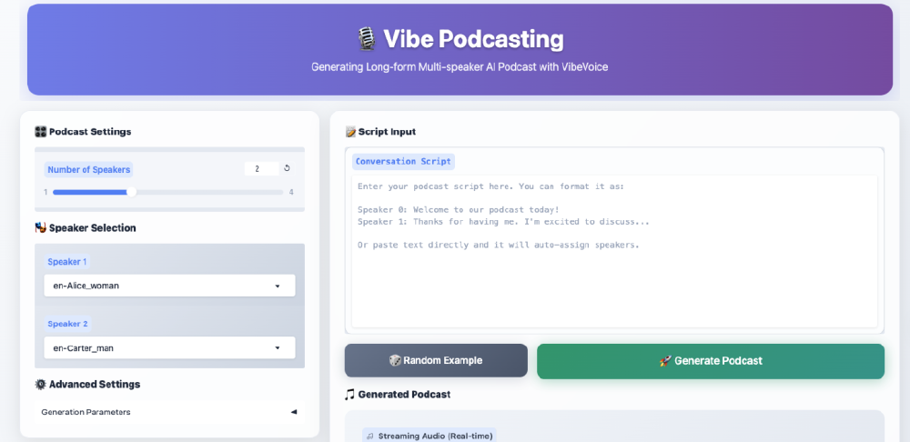 VibeVoice的在线演示界面，用于生成长音频、多说话人AI播客，包含说话人数量设置、角色选择、对话脚本输入及播客生成功能。