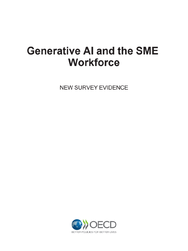 图片展示OECD发布的《生成式人工智能与中小企业劳动力》调查报告封面，标题明确主题，副标题强调‘新调查证据’，底部有OECD标志及‘为更美好生活制定更好政策’标语。