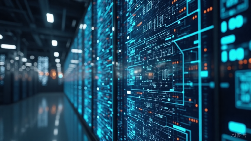 图片展示了一个充满蓝色科技光效的服务器机房或数据中心场景，墙面布满复杂的代码与数据流界面，呈现AI大模型训练或运行的技术环境。