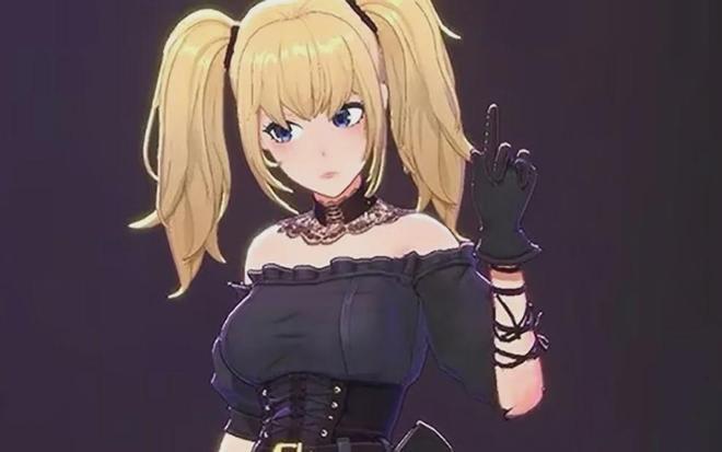 一位金发双马尾的动漫风格女性角色，身着黑色露肩上衣与黑色手套，右手食指抬起，背景为深色