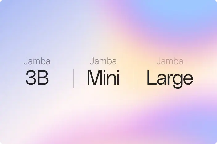 图片以粉蓝渐变背景展示Jamba模型的不同版本，标注了“3B”“Mini”“Large”，呈现模型系列的版本划分。