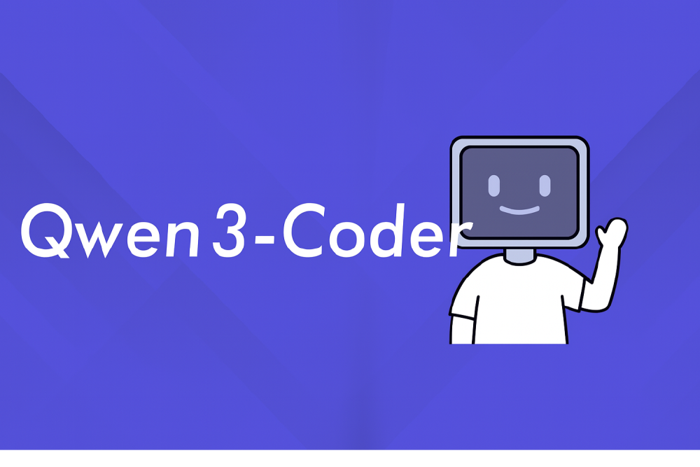 蓝色背景上，带有微笑屏幕头的卡通形象旁配有白色的“Qwen3-Coder”文字，作为AI编程大模型的视觉标识。