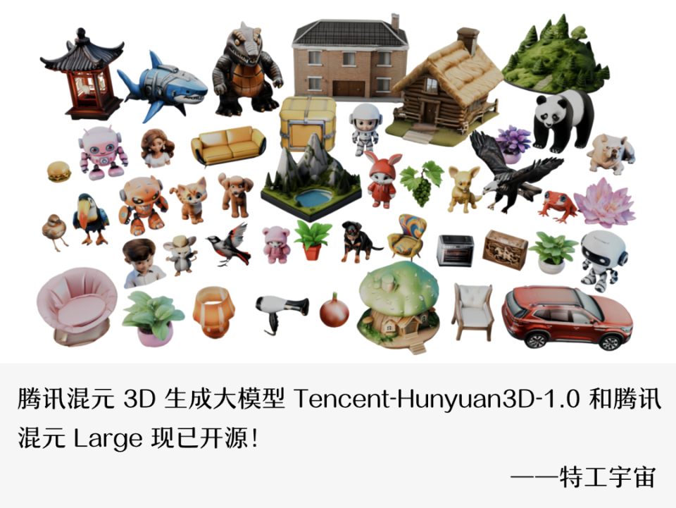 图片展示了腾讯混元3D生成大模型Tencent-Hunyuan3D-1.0生成的多种3D模型（含动物、人物、建筑、家具等），并标注该模型及混元Large已开源的资讯内容。