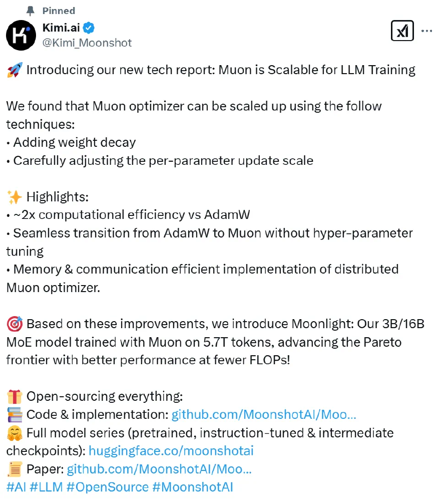 Kimi.ai发布的关于Muon优化器可扩展技术报告的推文,介绍其提升LLM训练效率的方法及基于此训练的Moonlight 3B/16B MoE模型