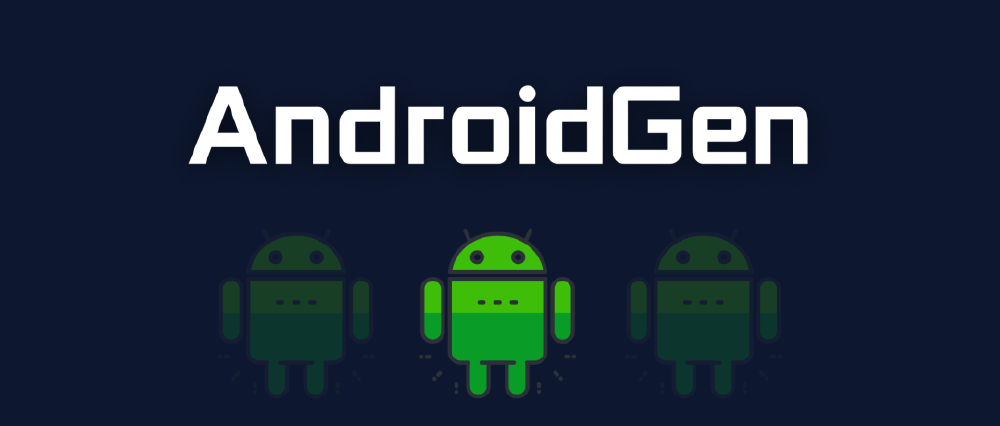 深蓝色背景上展示白色“AndroidGen”字样，下方配有三个绿色Android机器人图标，突出该安卓智能体框架的品牌标识。