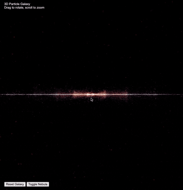 3D粒子星系可视化动图，展示了可拖拽旋转、缩放的交互式星系模拟效果，体现Kimi K2大模型的3D场景生成与可视化能力