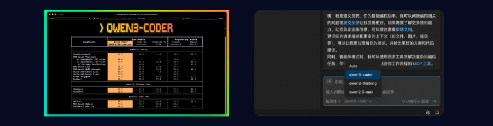 Qwen3-Coder参数/性能数据界面与智能编码助手交互界面