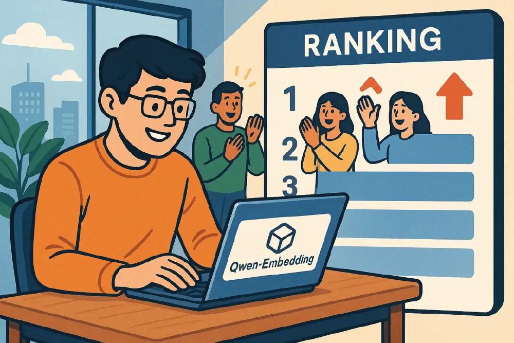 卡通插画展示用户使用带有“Qwen-Embedding”标识的笔记本电脑,背景“RANKING”排行榜及上升箭头体现模型在检索或排序任务中的优异表现。