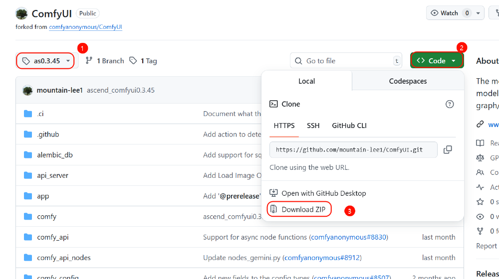 图片展示了GitHub仓库中ComfyUI的as0.3.45版本页面,通过点击“Code”按钮展开下载选项,用户可下载ZIP文件以获取ComfyUI源码,用于部署文生/图生视频模型Wan2.2。