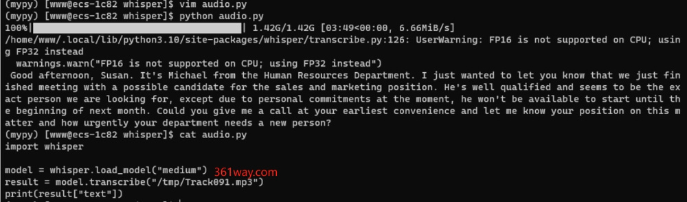 图片展示了在CentOS终端环境下，通过Python代码调用OpenAI Whisper的medium模型对音频文件进行转录的操作过程及结果，包含代码、终端命令和转录文本输出。
