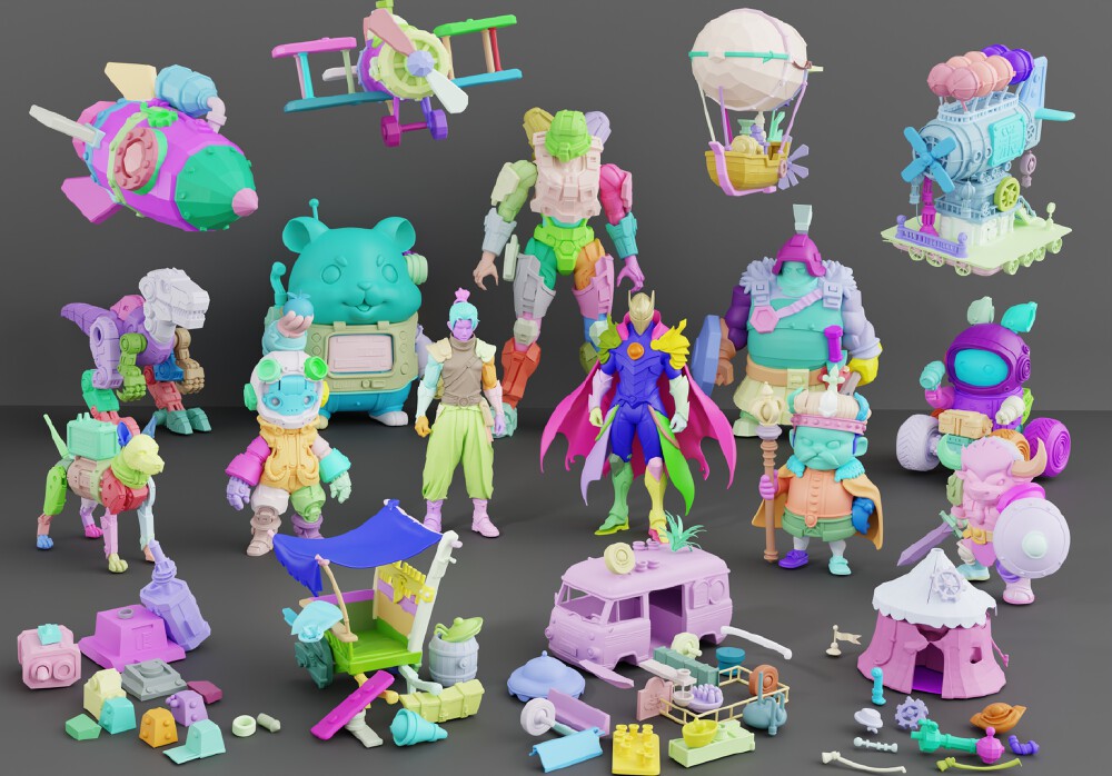 图片展示了腾讯混元3D-Part项目生成的多种色彩丰富的3D模型，涵盖机器人、动物、交通工具等类型，体现了部件生成的结构连贯性与细节丰富性。