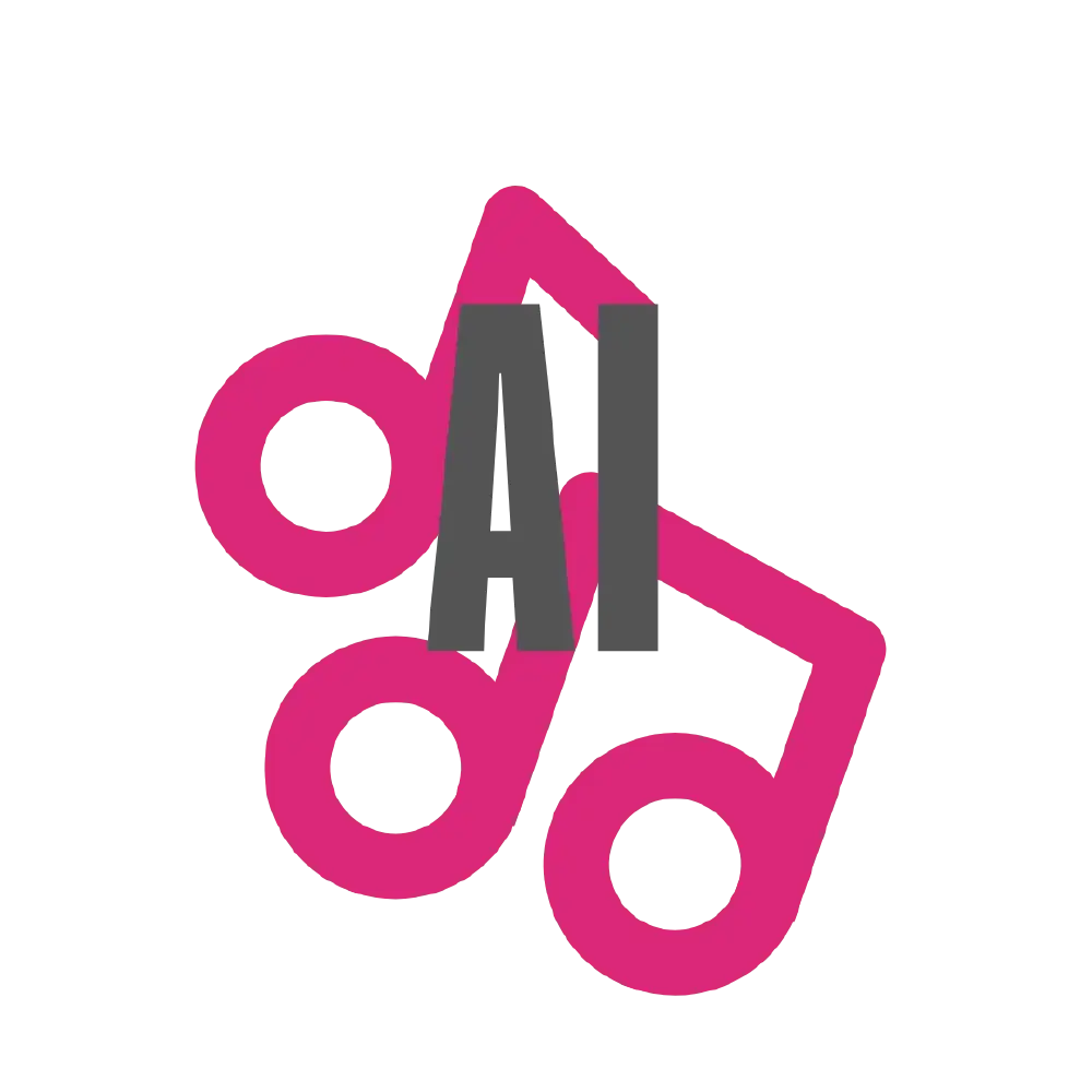 图片是一个以粉色音符状图形为背景、深灰色‘AI’字母为主体的标志，可能用于AI音乐相关的技术或服务场景。