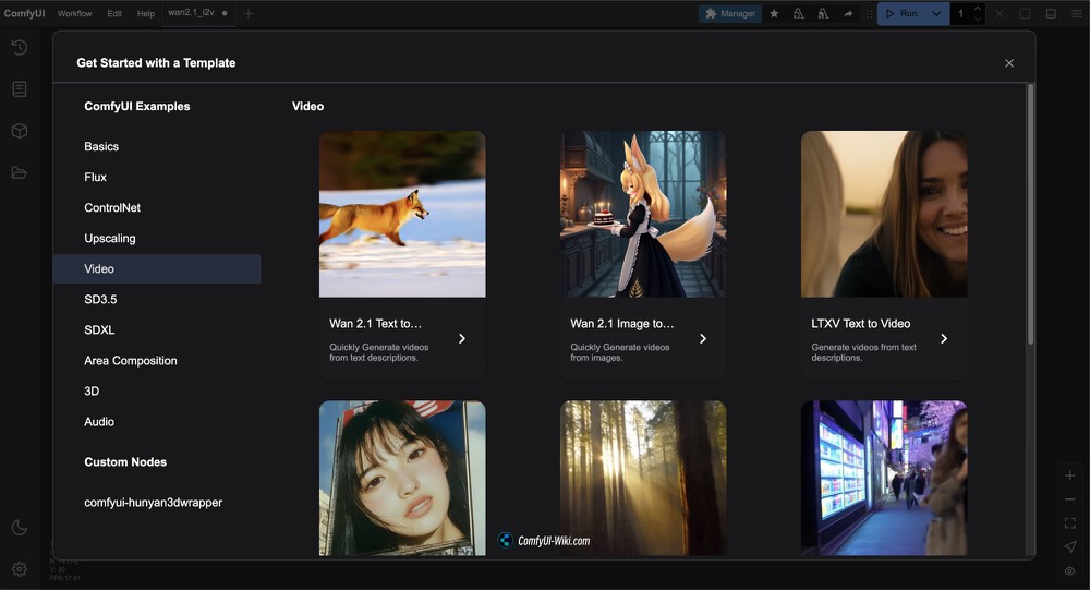 ComfyUI界面中Wan 2.1视频生成模板选择页面