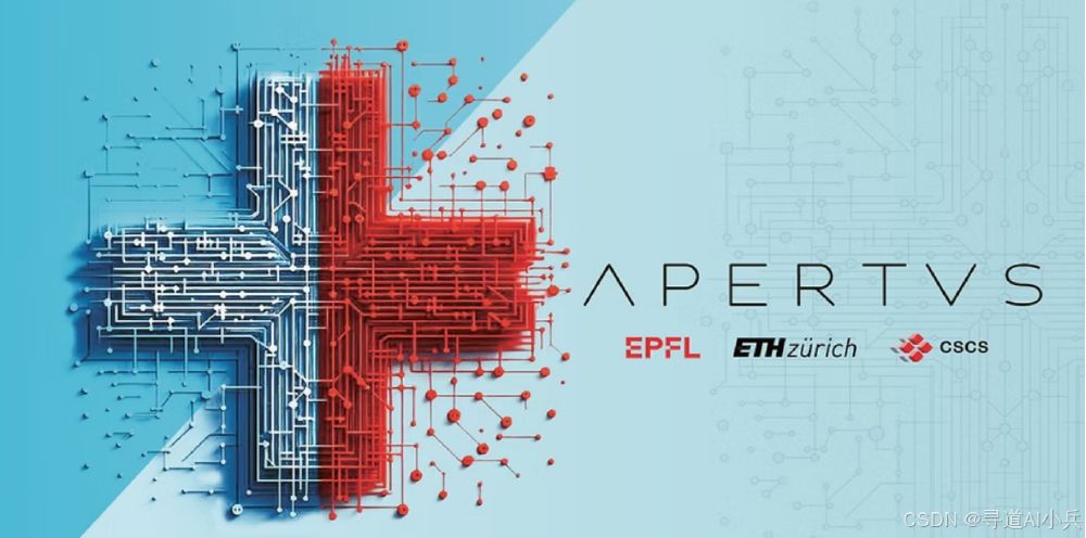 图片以电路板风格的瑞士元素为视觉核心，右侧标注“Apertus”字样及EPFL、ETH Zurich、CSCS合作标识，展现开源大模型Apertus的技术合作背景与瑞士AI创新定位。