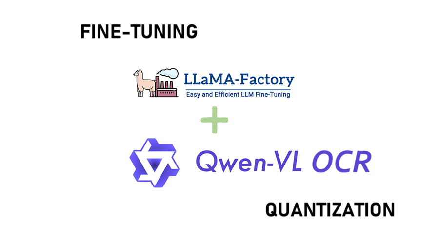展示了LLaMA-Factory（高效LLM微调工具）与Qwen-VL OCR模型结合的技术流程，涵盖微调（FINE-TUNING）和量化（QUANTIZATION）关键环节，体现大语言模型在OCR任务上的优化路径。