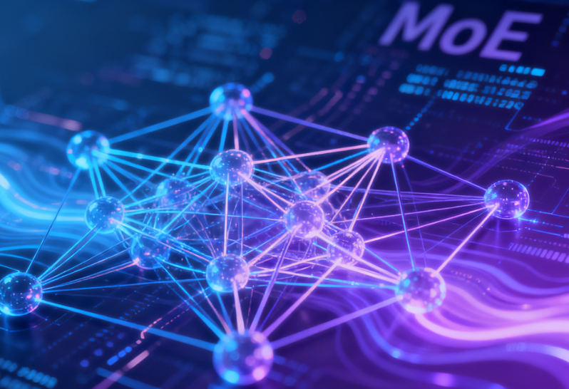 图片以科技感蓝色与紫色渐变背景呈现发光节点通过线条连接的网络结构示意图，背景可见“MoE”字样，直观展示混合专家（MoE）架构的技术概念。