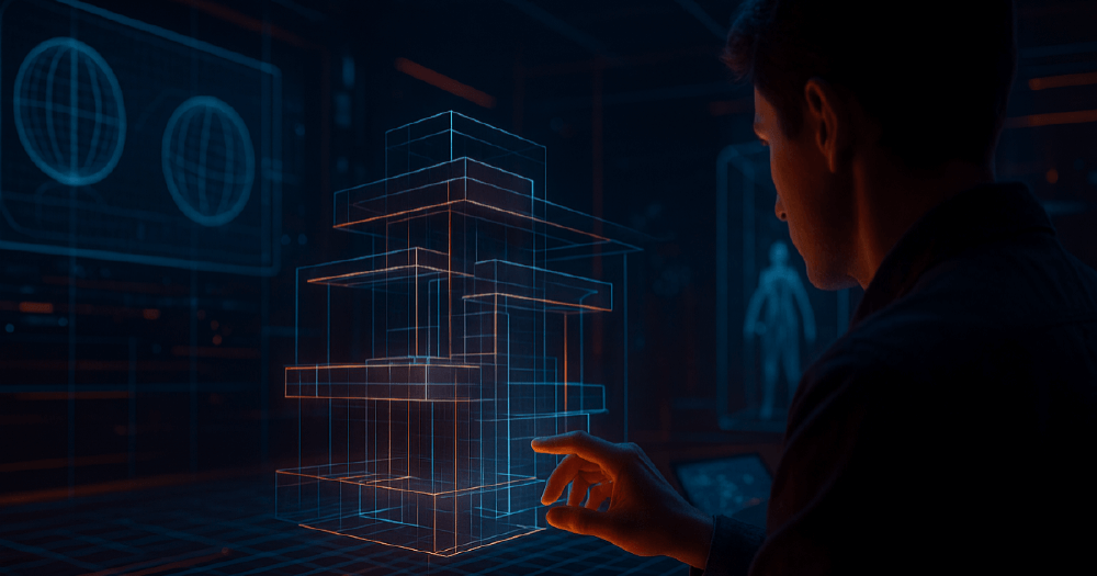 一名男子在科技感环境中通过手势操作三维线框结构的全息投影模型