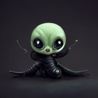 图片展示了一个Q版绿色外星人形象，由混元图像3.0（HunyuanImage 3.0）AI模型生成，具有大眼睛、黑色身体和触角，风格可爱卡通，可能用于表情包创作。