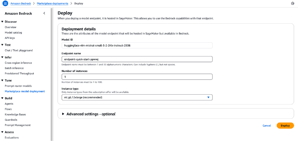 图片展示了Amazon Bedrock平台上部署Mistral-Small-3.2-24B-Instruct-2506模型的界面，包含模型ID、端点名称、实例数量及推荐实例类型等部署参数设置选项。