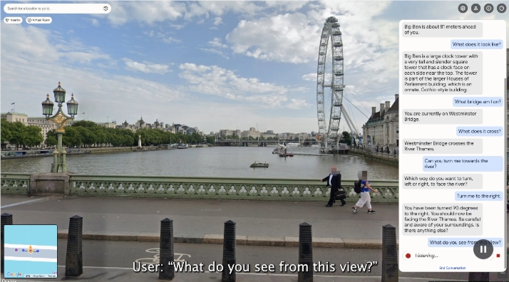 图片展示了一个AI驱动的街景交互界面，右侧对话窗口呈现自然语言问答（如询问景观、导航指引），背景为伦敦眼及威斯敏斯特桥实景，体现多模态AI实时交互技术，适用于无障碍城市探索。