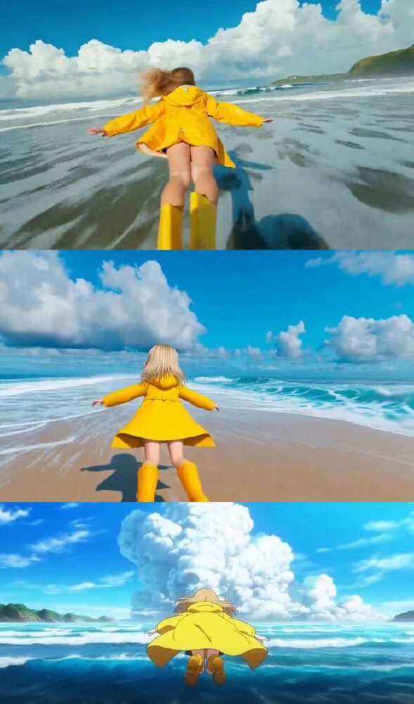 图片展示三帧风格各异的画面，均为穿黄色雨衣雨靴的女孩在海边活动，体现LongCat-Video视频生成模型的图像生成能力与风格多样性。
