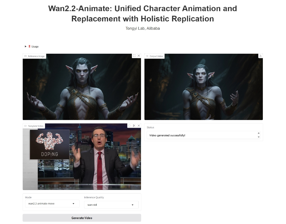 图片展示了Wan2.2-Animate模型的网页界面，包含参考图像、输出视频的对比，以及动作模仿模式和推理质量参数设置，右侧显示视频生成成功的状态。