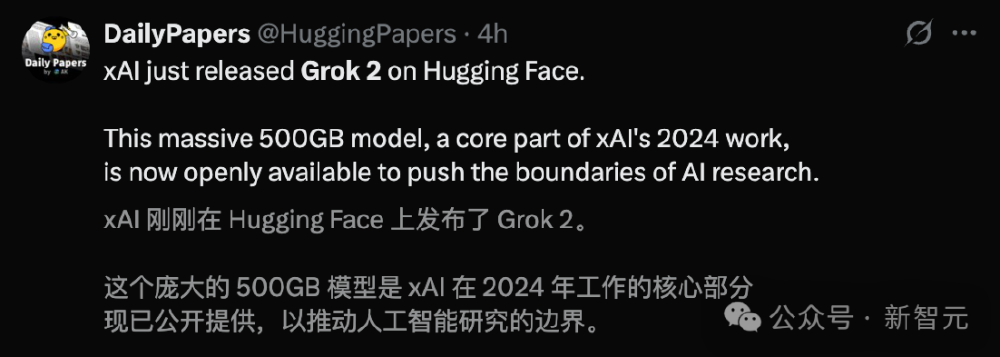 社交媒体动态截图显示,DailyPapers宣布xAI在Hugging Face发布500GB的Grok-2模型,该模型是xAI 2024年核心工作成果并公开以推动AI研究边界。