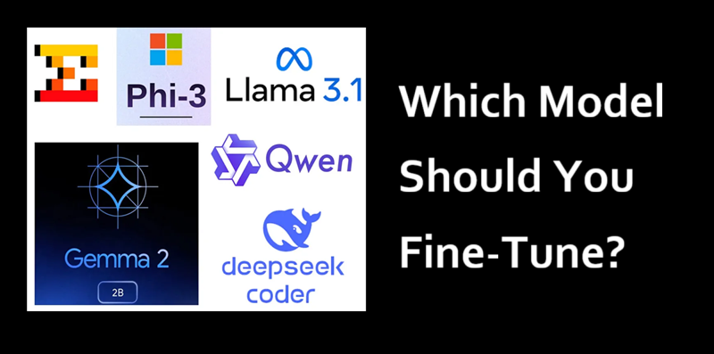 图片左侧展示了Phi-3、Llama 3.1、Gemma 2等主流AI语言模型标志，右侧配文“Which Model Should You Fine-Tune?”，用于探讨模型微调选择的主题，适合作为“你应该微调哪个模型？”文章的配图。