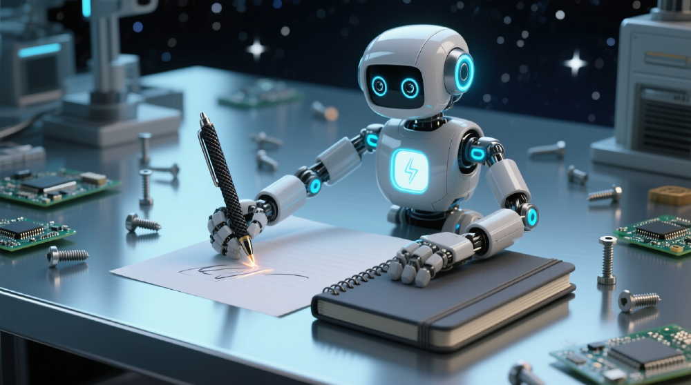 带有蓝色发光元素的白色机器人（AI）正用钢笔在笔记本上书写，周围散落着电路板和螺丝，展现AI技术在创作场景中的应用，体现智能科技感。