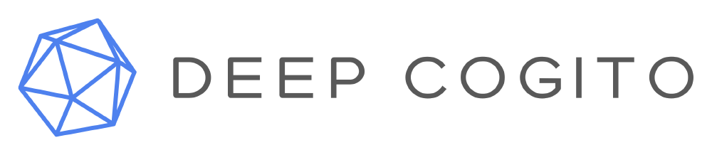 Deep Cogito品牌标志,左侧为蓝色几何图形(象征模型逻辑推理能力),右侧为深灰色文字“DEEP COGITO”,用于直观传递技术可靠性与认知深度。