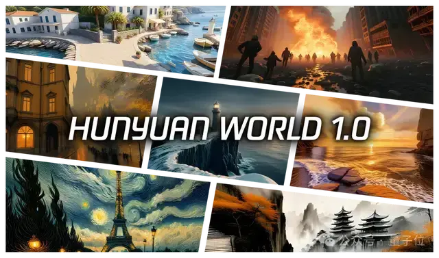 图片展示了HunyuanWorld-1生成的3D场景拼接图,包含海滨小镇、古风建筑群、未来都市等多种风格场景