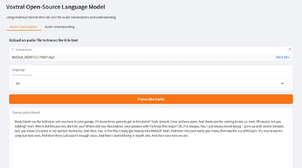 图片展示Voxtral开源语言模型的音频转录（Audio Transcription）界面，用户上传音频文件后点击转录按钮，生成文本的转录结果，验证模型语音识别能力。