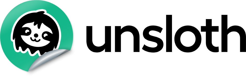 Unsloth品牌logo，包含绿色圆形背景、卡通树懒形象及黑色“unsloth”文字。