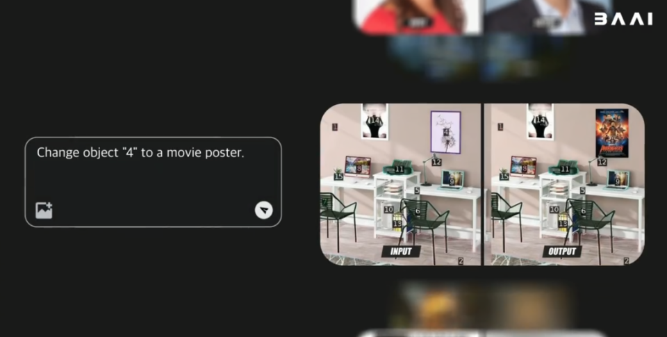 图片展示了Emu3.5的图像编辑能力演示,左侧指令“Change object '4' to a movie poster.”要求将场景中编号“4”的对象替换为电影海报,右侧对比显示输入(INPUT)与输出(OUTPUT)场景,体现了模型对特定对象的高精度修改能力。