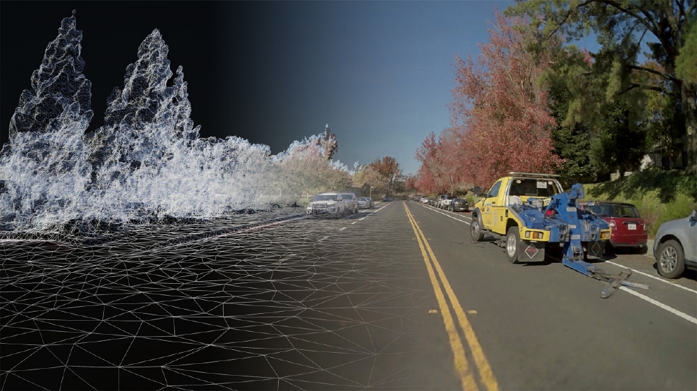 街道真实场景与虚拟3D网格线框模型叠加的图像