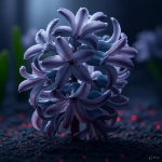 AI生成的紫色风信子特写图像,背景有绿色植物和红色光点,展示模型的图像生成能力