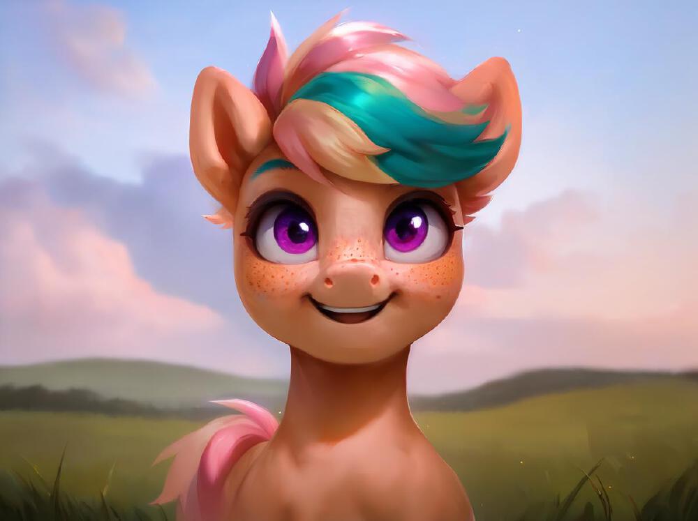 AI生成的卡通风格小马角色,拥有彩色毛发、紫色眼睛与雀斑,背景为草地天空