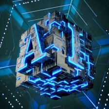 一个带有蓝色发光电路与‘AI’字样的3D立方体，表面呈电路板纹理，背景为深色科技感网格与光点，展现AI技术的科技感与多模态特性。