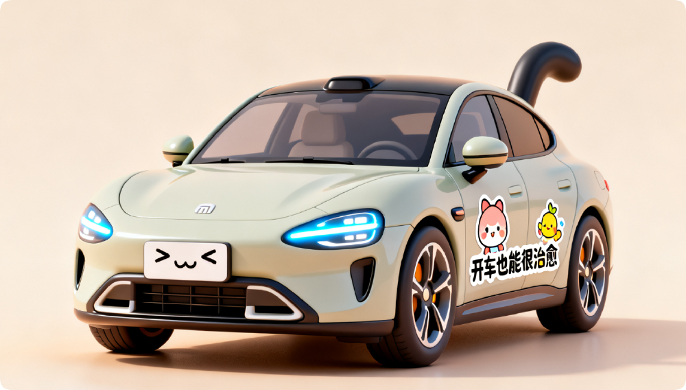 图片展示了由腾讯混元3D大模型生成的卡通风格3D小米汽车，具备高保真纹理与可爱装饰，体现2D转3D的技术成果。